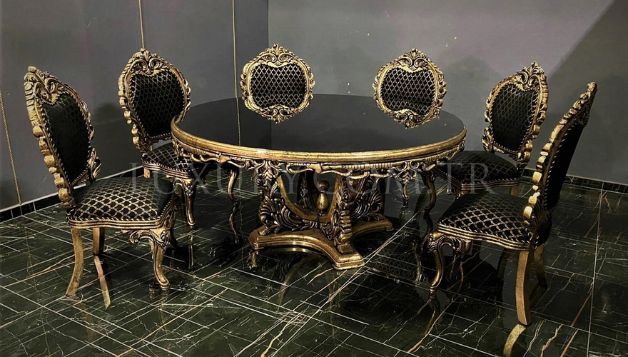 1151 - Bertores Siyah Yuvarlak Masalı Klasik Yemek Odası