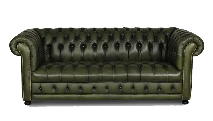 Green Leather Vintage Chester 3-Seater Sofa - 1