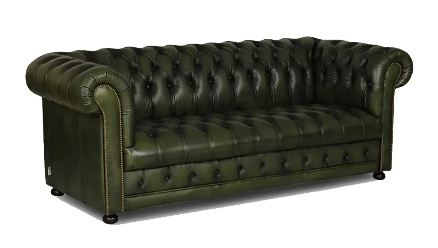 Green Leather Vintage Chester 3-Seater Sofa - 2