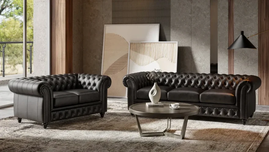 Italian Black Chester Sofa Set - 2