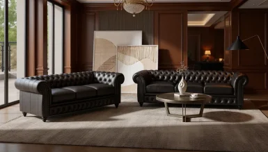 İtalyan Siyah Chester Deri Koltuk Takımı - 1102 Luxury Line