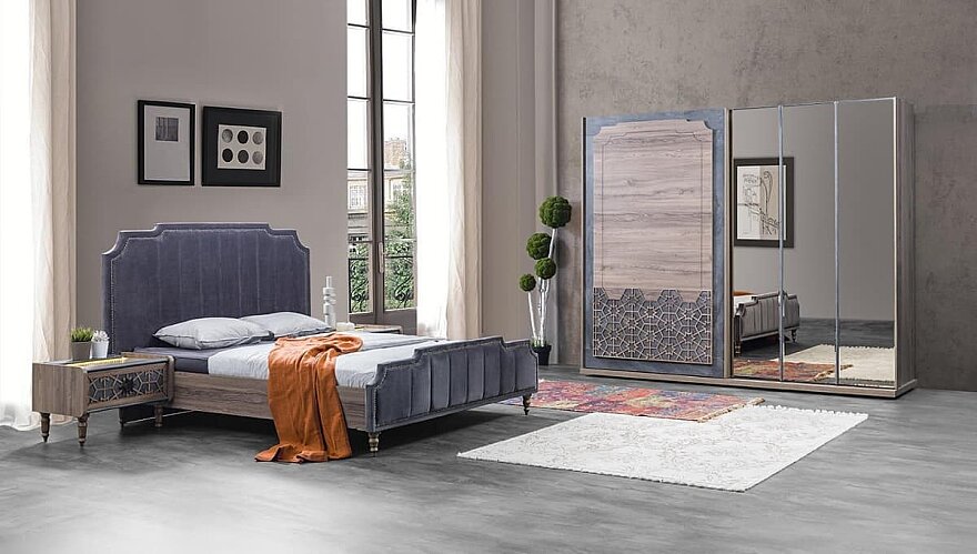 Kasra Antrasit Gri Geometrik Desenli Yatak Odası - 1182