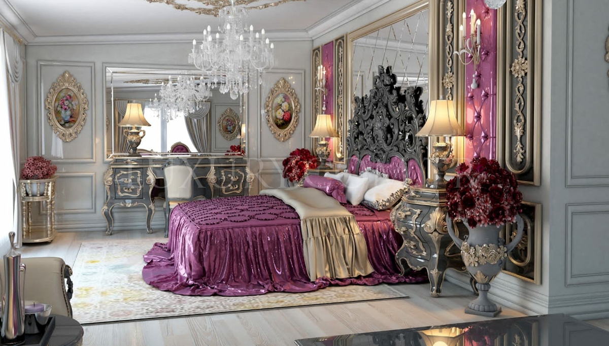 Lüks Abudabi Mor Klasik Yatak Odası Luxury Mobilya