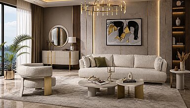 Velante Ahşap Detaylı Bej Koltuk Takımı - 1182
